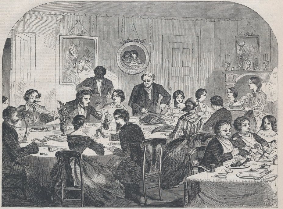 Wood engraving of a family carving the turkey at a Thanksgiving dinner table, from Harper's Weekly, 1858