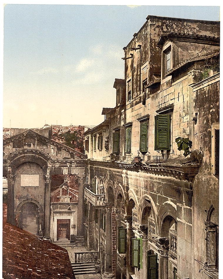 Photochrom print of the Peristyle of Diocletian's Palace in Split, with houses built into the Roman arcade, about 1890 to 1900