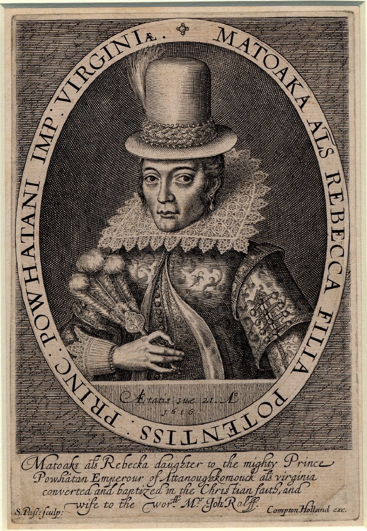 Pocahontas, engraved by Simon van de Passe in London in 1616 and labeled "Matoaka als Rebecka". Public domain, via Wikimedia Commons