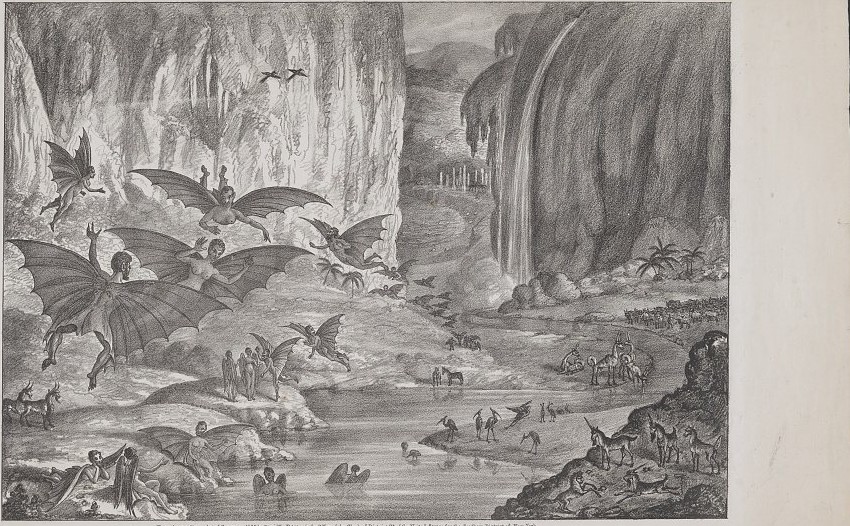 Lithograph of 1835 showing winged bat-people, unicorns and other animals beside a lake and waterfall on the moon, sold by the New York Sun as a view of Herschel's discoveries