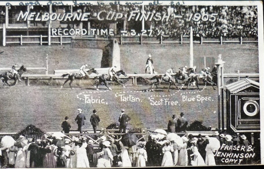 Postcard photograph of the finish of the 1905 Melbourne Cup at Flemington, with the crowd in the foreground