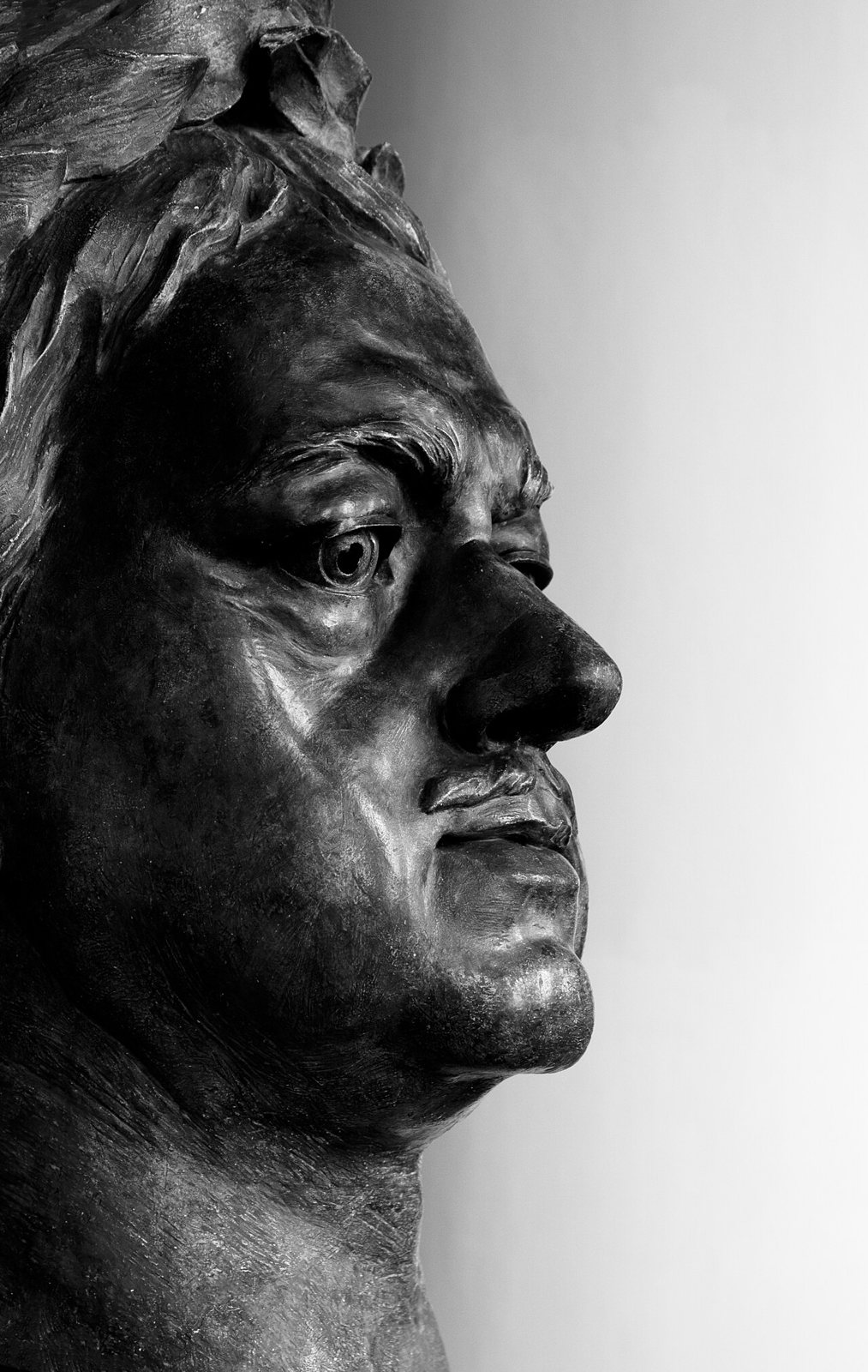 Photograph of a bronze bust of Peter the Great in profile, with a moustache and a clean-shaven chin