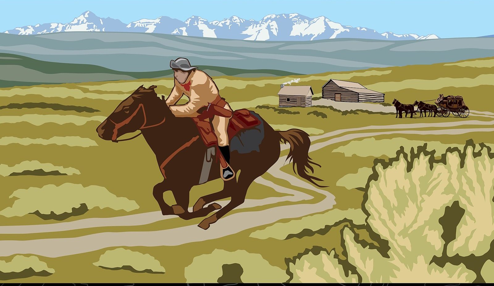 Illustration of a Pony Express rider galloping past a relay station with a stagecoach and mountains behind