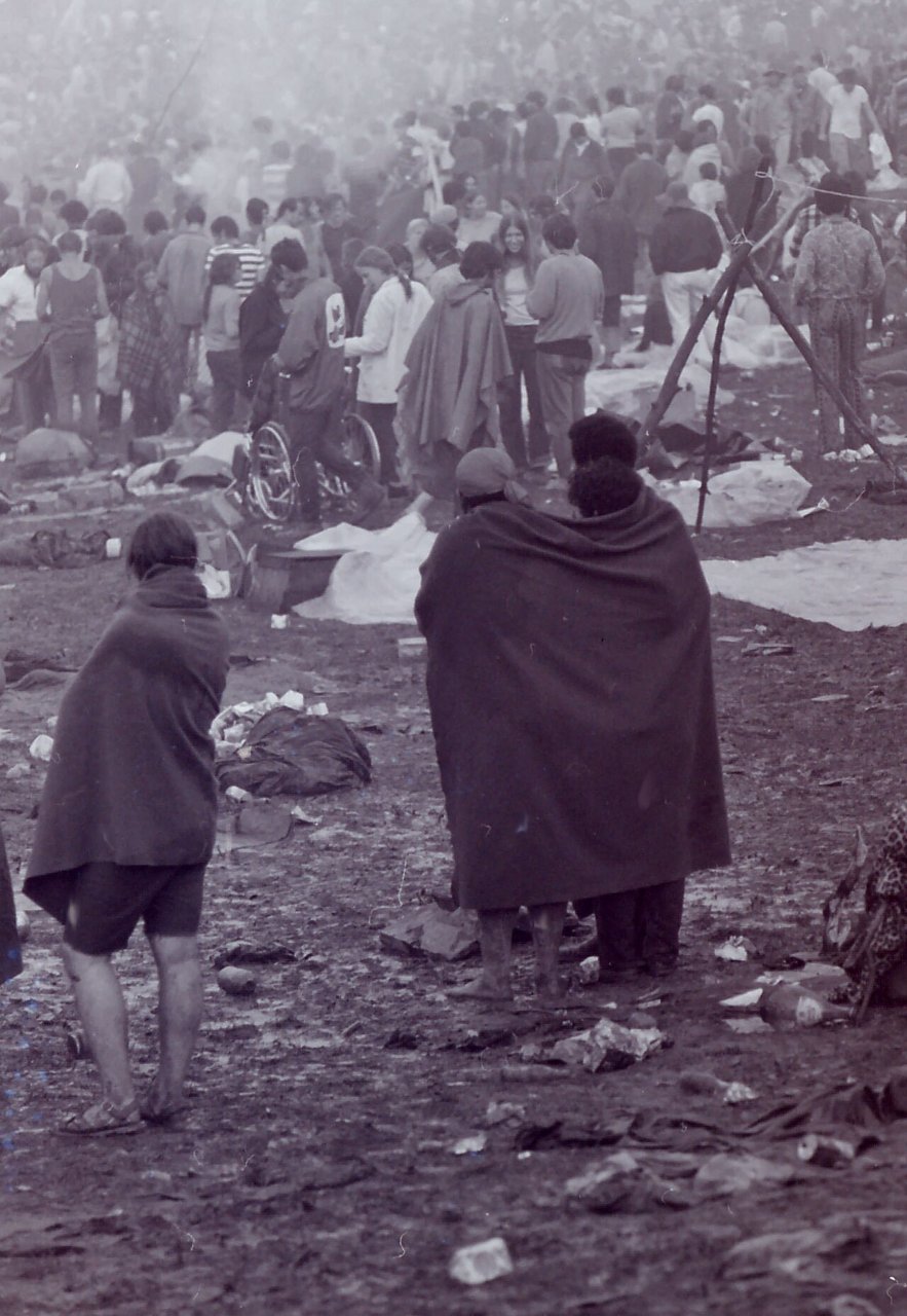 The muddy field at Woodstock, August 1969. Photo: Mark Goff, public domain, via Wikimedia Commons